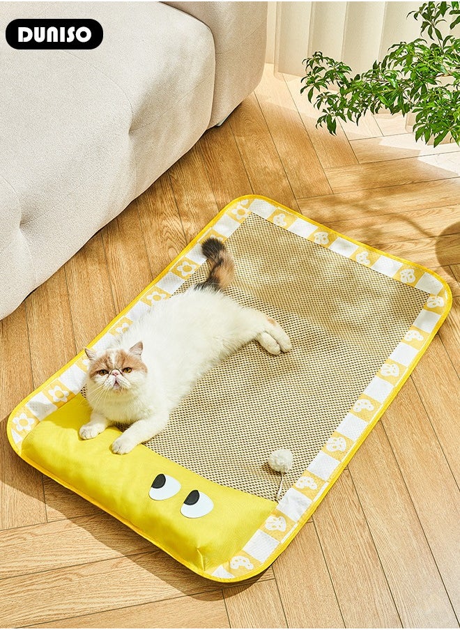 Pet Cooling Bed, Washable Cooling Pets Ice Pad Rattan Mat Nest,Pet Cooling Mats, Pet Ice Pad Bed with Fast Moisture Wicking,Summer Pet Woven Breathable Square Mat Sleeping Pad with Pillow for Dogs Cats