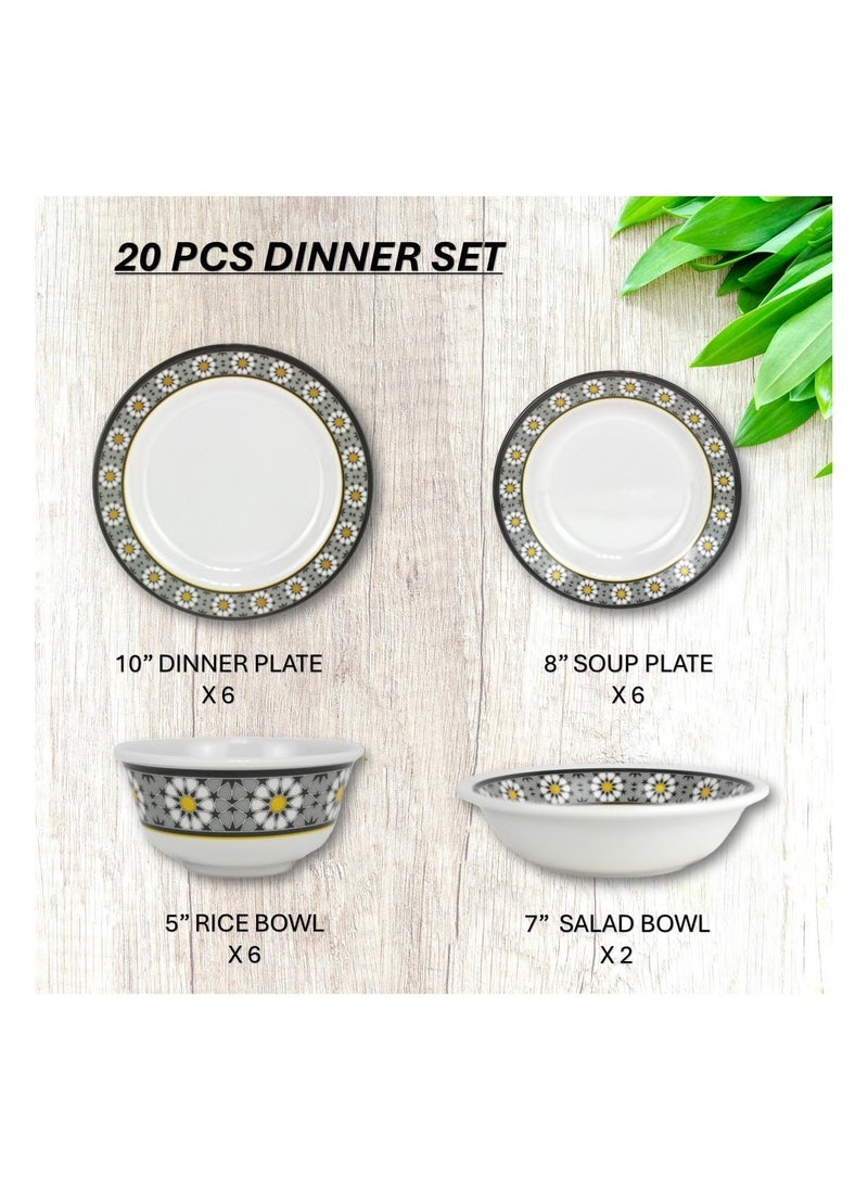 Melrich 20 Pcs Melamine Dinner Set Dinner and Soup plates Salad and Rice Bowls Dishwasher and Freezer safe Durable and Strong