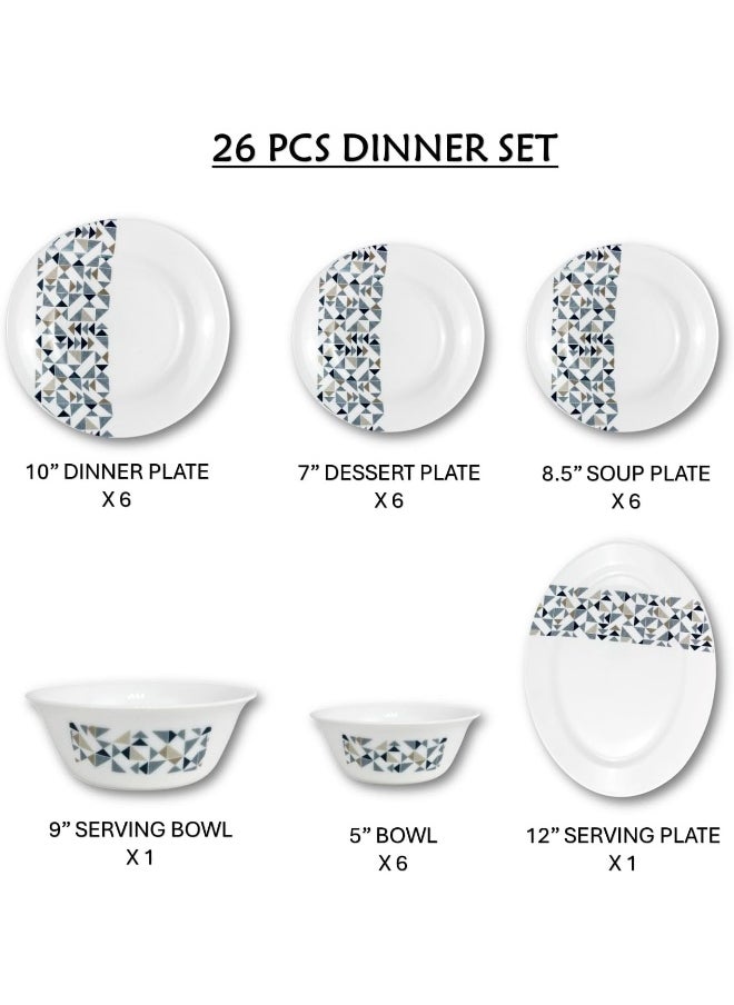 Melrich 26 Pcs Opal ware Dinner set Dinner plate, Dessert plate, Soup plate Bowl, Serving Bowl, Serving plate BPA Free Dishwasher & Microwave safe Durable and Stylish for everyday use