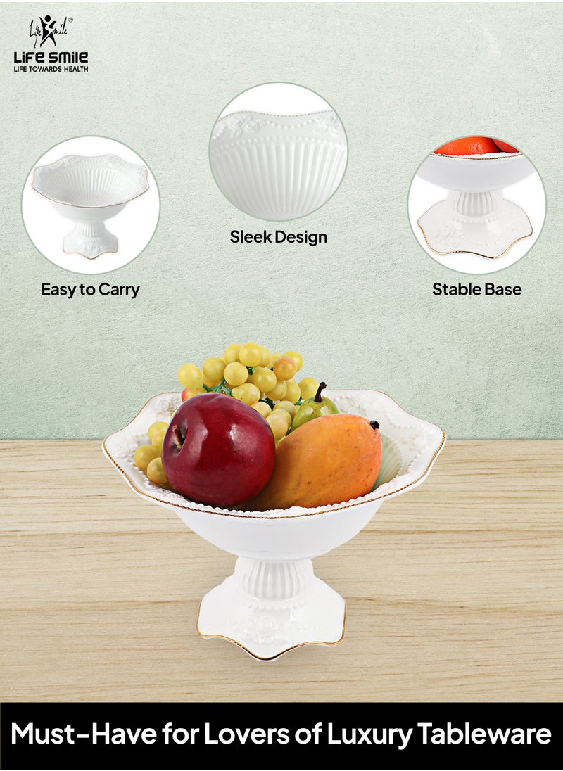LIFE SMILE Round Bone China Serving Bowl With Gold Stand  - Fruit Basket For Fruit Vegetable Storage Snack Nuts Cake Dessert