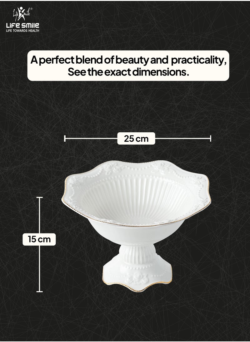 LIFE SMILE Round Bone China Serving Bowl With Gold Stand  - Fruit Basket For Fruit Vegetable Storage Snack Nuts Cake Dessert