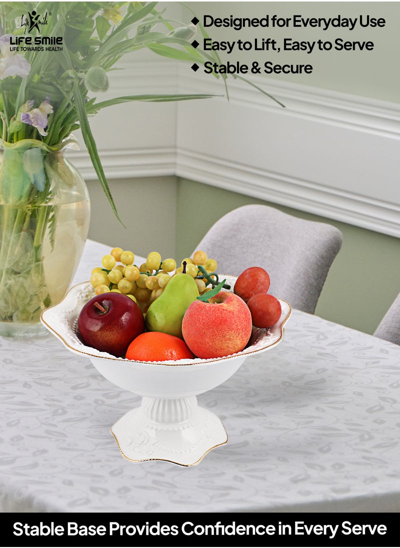 LIFE SMILE Round Bone China Serving Bowl With Gold Stand  - Fruit Basket For Fruit Vegetable Storage Snack Nuts Cake Dessert