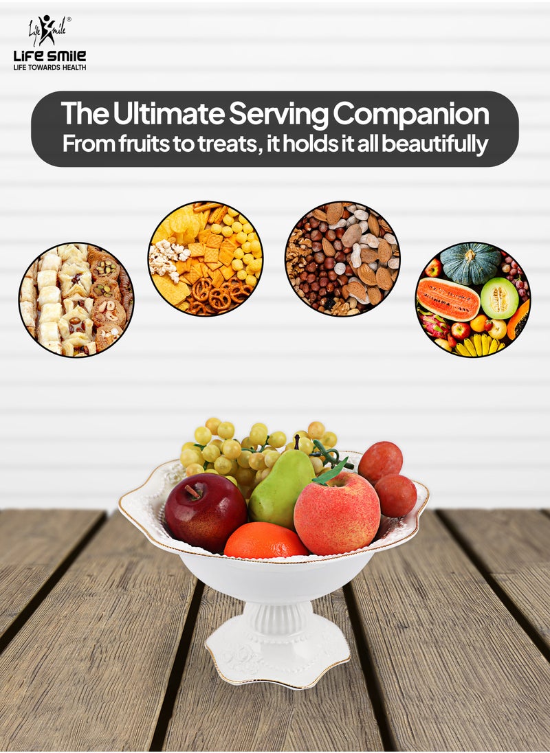 LIFE SMILE Round Bone China Serving Bowl With Gold Stand  - Fruit Basket For Fruit Vegetable Storage Snack Nuts Cake Dessert