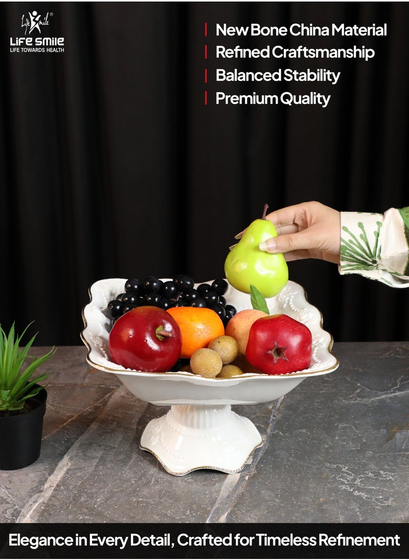 LIFE SMILE Round Bone China Serving Bowl With Gold Stand  - Fruit Basket For Fruit Vegetable Storage Snack Nuts Cake Dessert