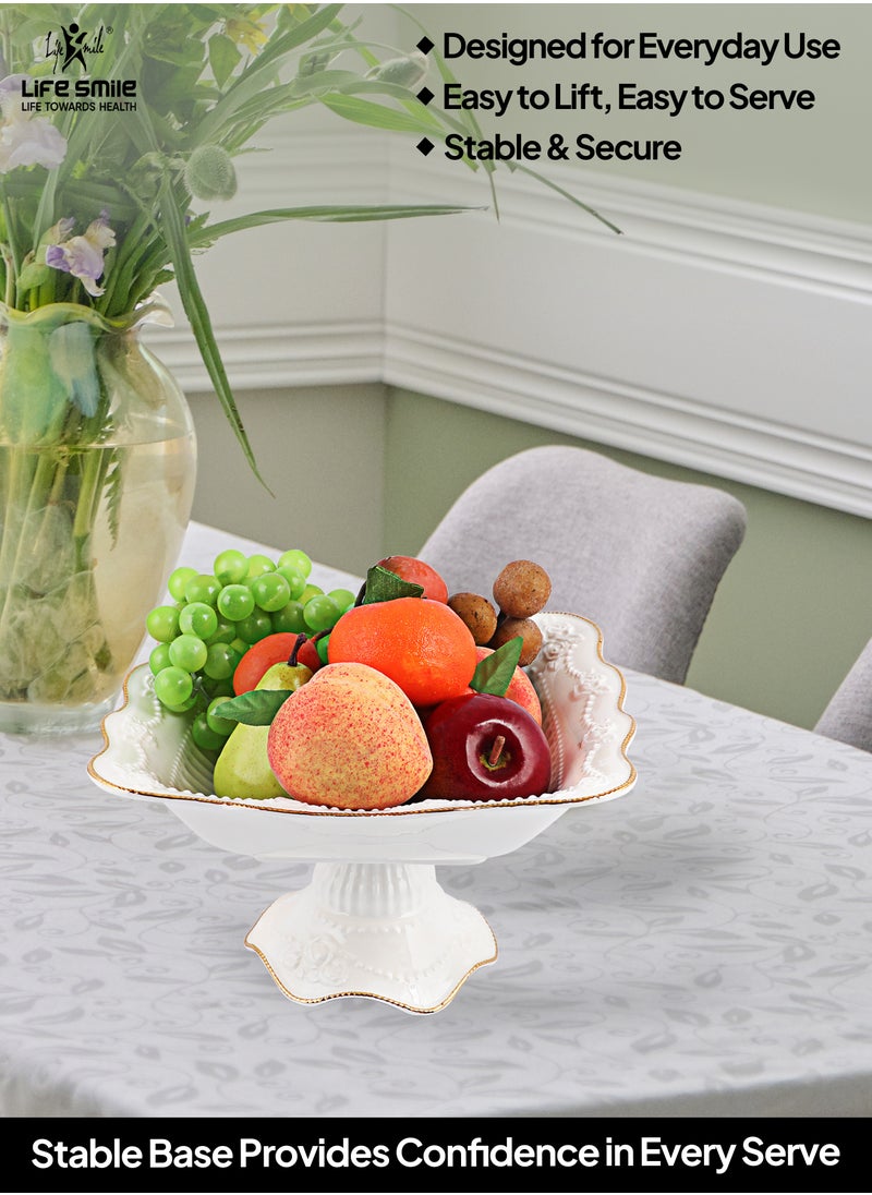 LIFE SMILE Round Bone China Serving Bowl With Gold Stand  - Fruit Basket For Fruit Vegetable Storage Snack Nuts Cake Dessert