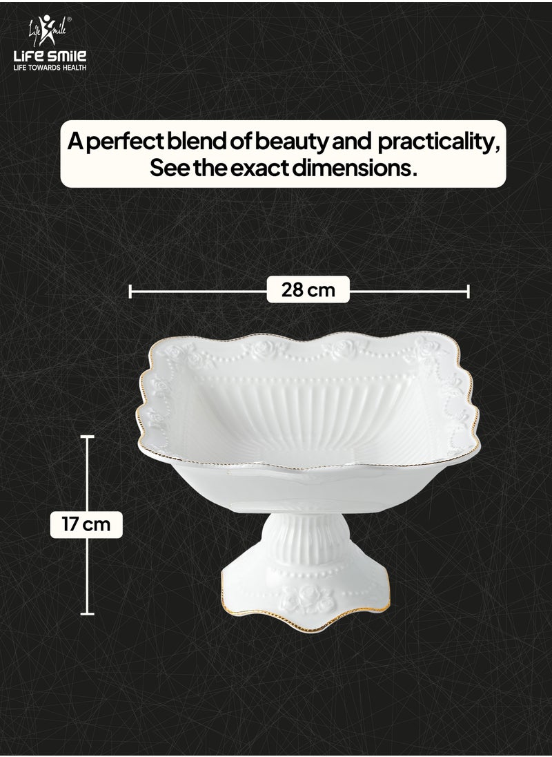 LIFE SMILE Round Bone China Serving Bowl With Gold Stand  - Fruit Basket For Fruit Vegetable Storage Snack Nuts Cake Dessert