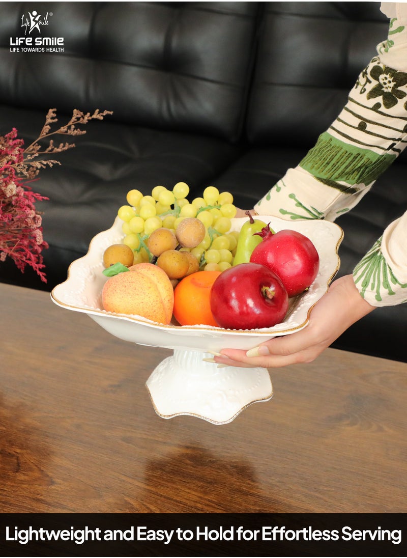 LIFE SMILE Round Bone China Serving Bowl With Gold Stand  - Fruit Basket For Fruit Vegetable Storage Snack Nuts Cake Dessert