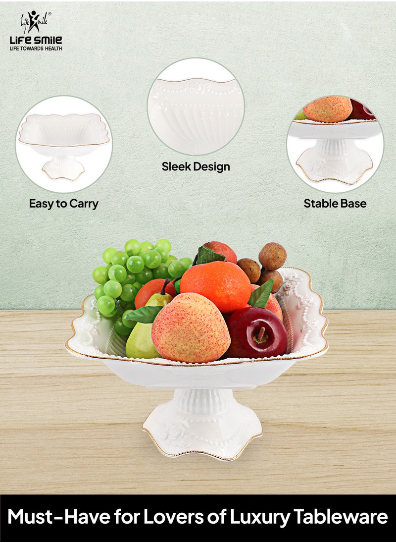 LIFE SMILE Round Bone China Serving Bowl With Gold Stand  - Fruit Basket For Fruit Vegetable Storage Snack Nuts Cake Dessert