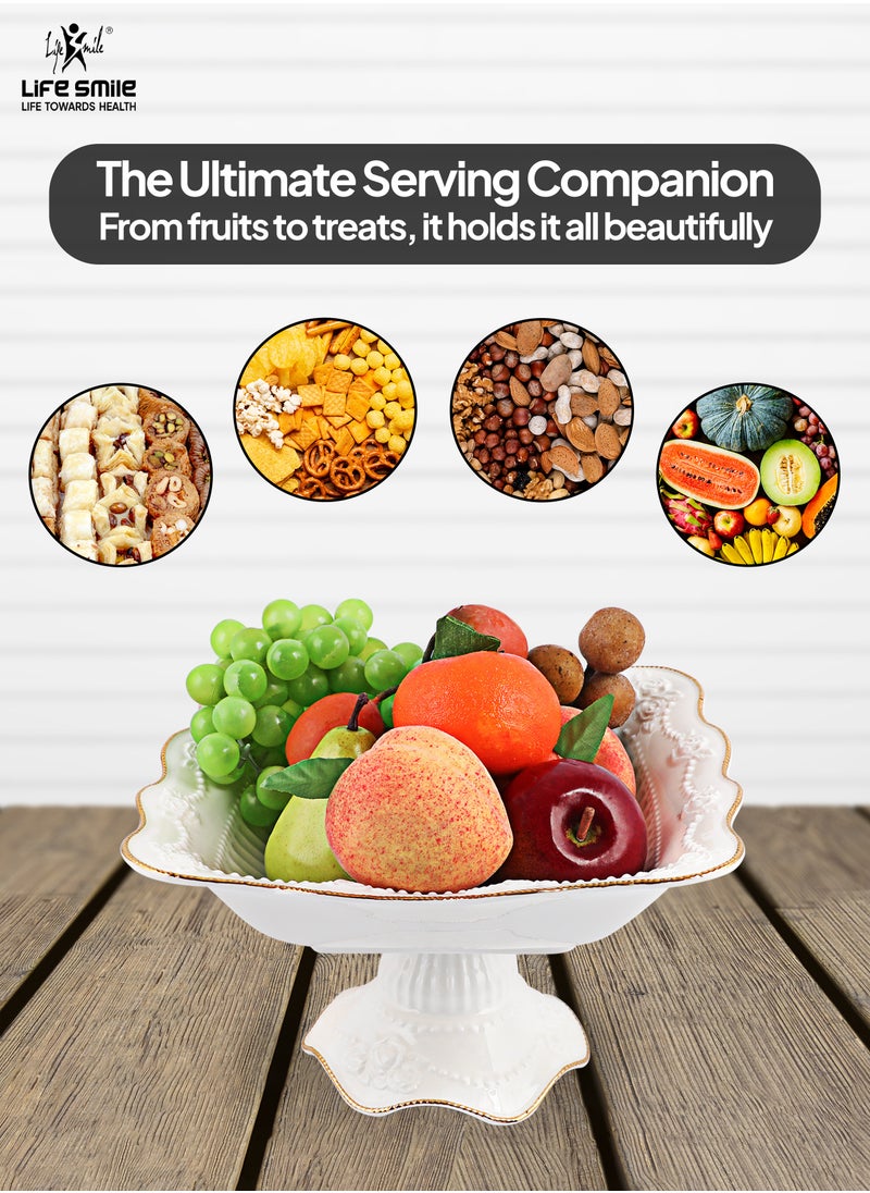 LIFE SMILE Round Bone China Serving Bowl With Gold Stand  - Fruit Basket For Fruit Vegetable Storage Snack Nuts Cake Dessert