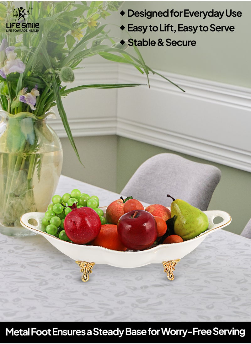 LIFE SMILE Serving Bowl With Gold Stand  - Bone China Fruit Basket For Fruit Vegetable Storage Snack Nuts Cake Dessert