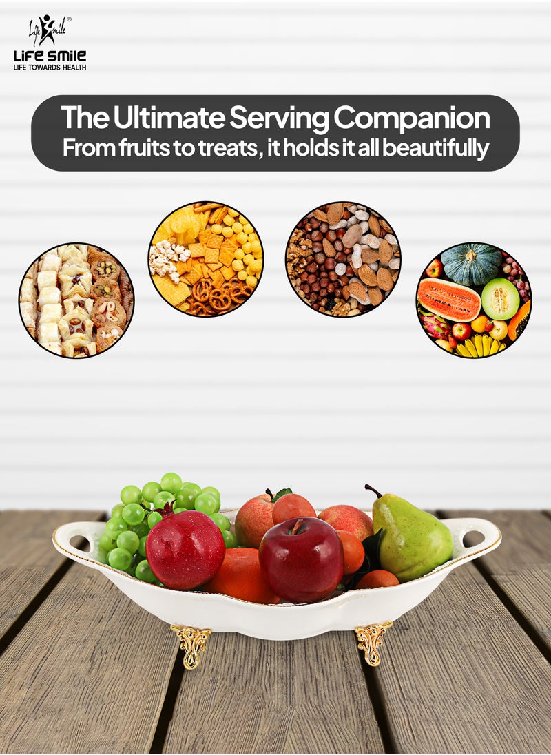 LIFE SMILE Serving Bowl With Gold Stand  - Bone China Fruit Basket For Fruit Vegetable Storage Snack Nuts Cake Dessert