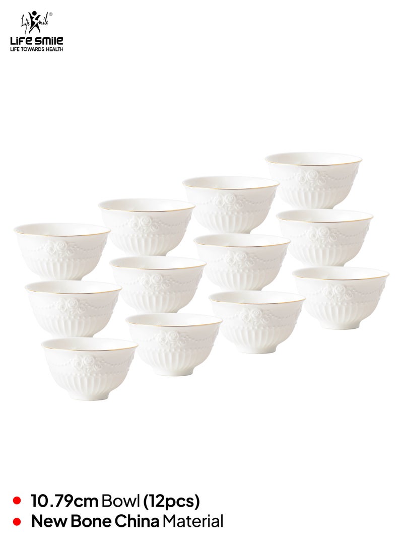 LIFE SMILE 12pc Gold/White Serving Bowl Set, New Bone China, Ideal for Desserts, Salads, Cakes
