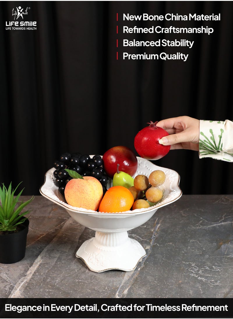 LIFE SMILE Round Bone China Serving Bowl With Gold Stand  - Fruit Basket For Fruit Vegetable Storage Snack Nuts Cake Dessert