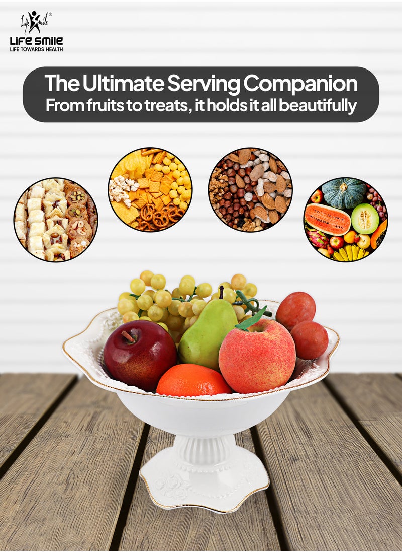 LIFE SMILE Round Bone China Serving Bowl With Gold Stand  - Fruit Basket For Fruit Vegetable Storage Snack Nuts Cake Dessert