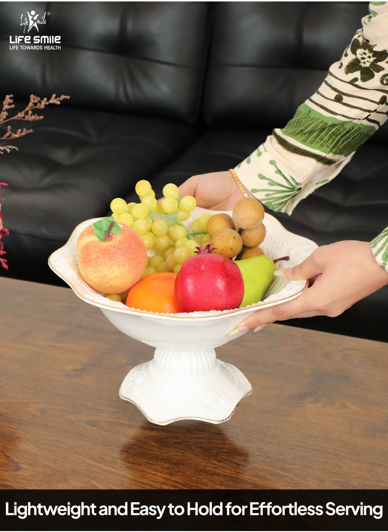 LIFE SMILE Round Bone China Serving Bowl With Gold Stand  - Fruit Basket For Fruit Vegetable Storage Snack Nuts Cake Dessert