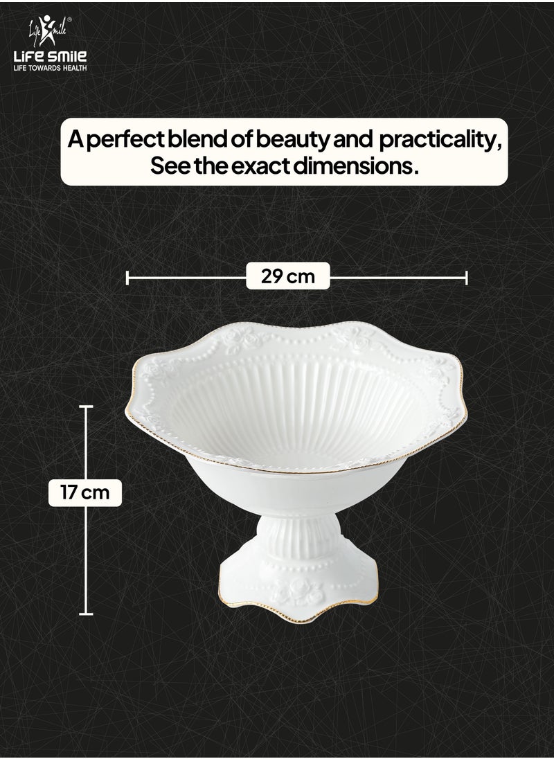 LIFE SMILE Round Bone China Serving Bowl With Gold Stand  - Fruit Basket For Fruit Vegetable Storage Snack Nuts Cake Dessert