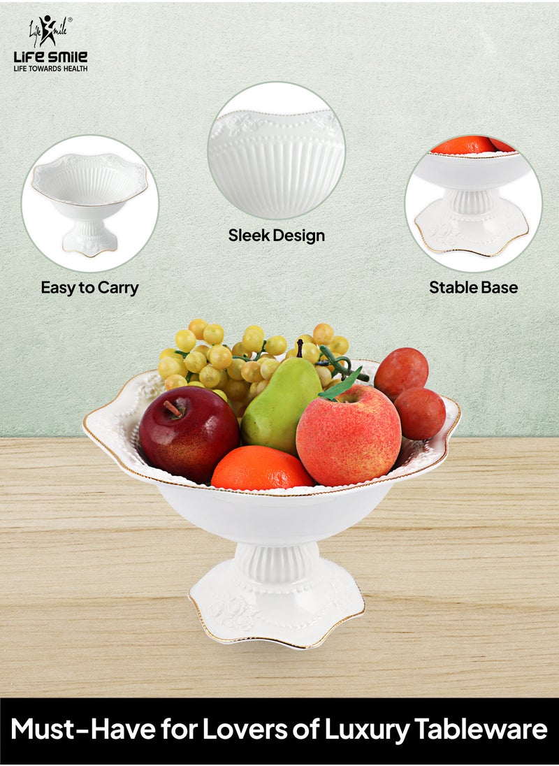 LIFE SMILE Round Bone China Serving Bowl With Gold Stand  - Fruit Basket For Fruit Vegetable Storage Snack Nuts Cake Dessert