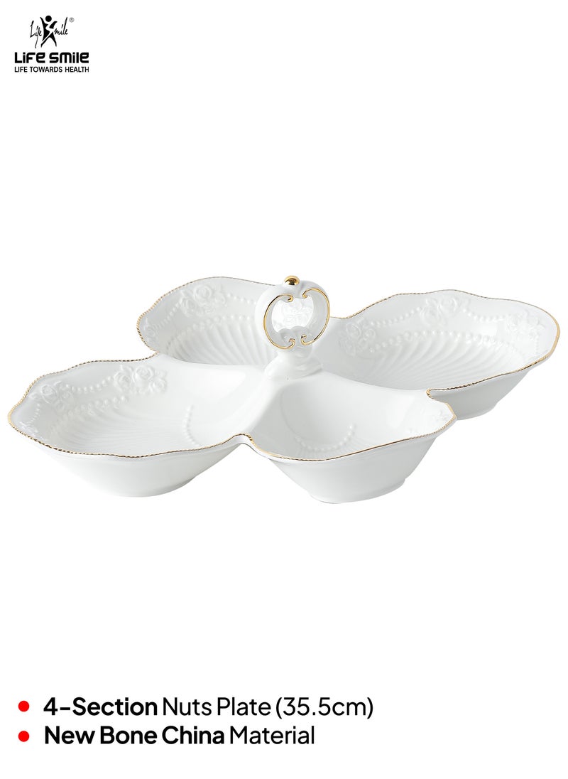 LIFE SMILE Four Section Serving Dish with Center Handle - Large White Bone China Tray for Desserts, Cakes, Salads & Appetizers with Gold Trim