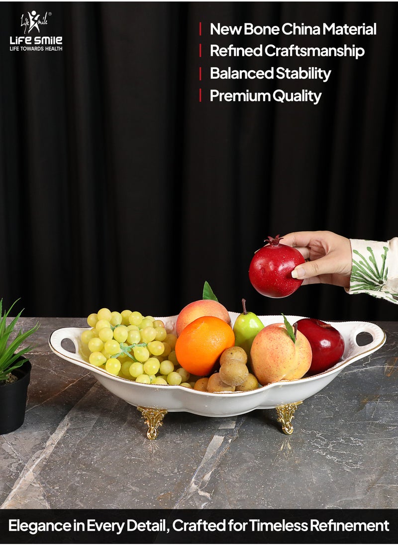 LIFE SMILE Serving Bowl With Gold Stand  - Bone China Fruit Basket For Fruit Vegetable Storage Snack Nuts Cake Dessert