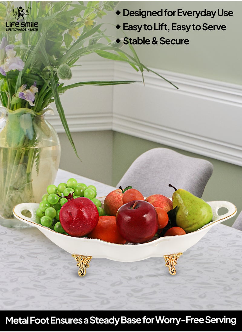 LIFE SMILE Serving Bowl With Gold Stand  - Bone China Fruit Basket For Fruit Vegetable Storage Snack Nuts Cake Dessert