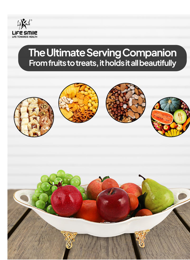LIFE SMILE Serving Bowl With Gold Stand  - Bone China Fruit Basket For Fruit Vegetable Storage Snack Nuts Cake Dessert