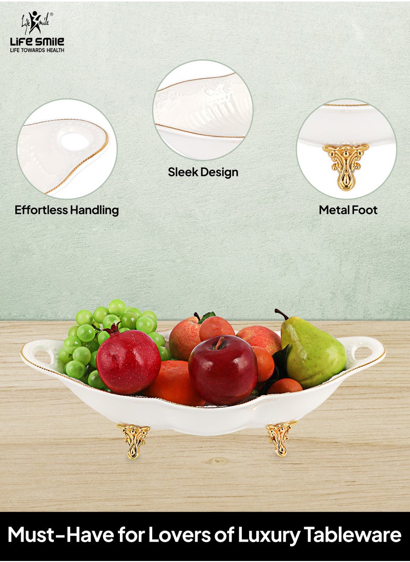 LIFE SMILE Serving Bowl With Gold Stand  - Bone China Fruit Basket For Fruit Vegetable Storage Snack Nuts Cake Dessert