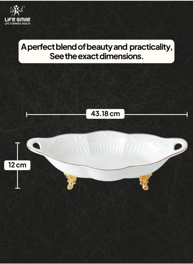 LIFE SMILE Serving Bowl With Gold Stand  - Bone China Fruit Basket For Fruit Vegetable Storage Snack Nuts Cake Dessert