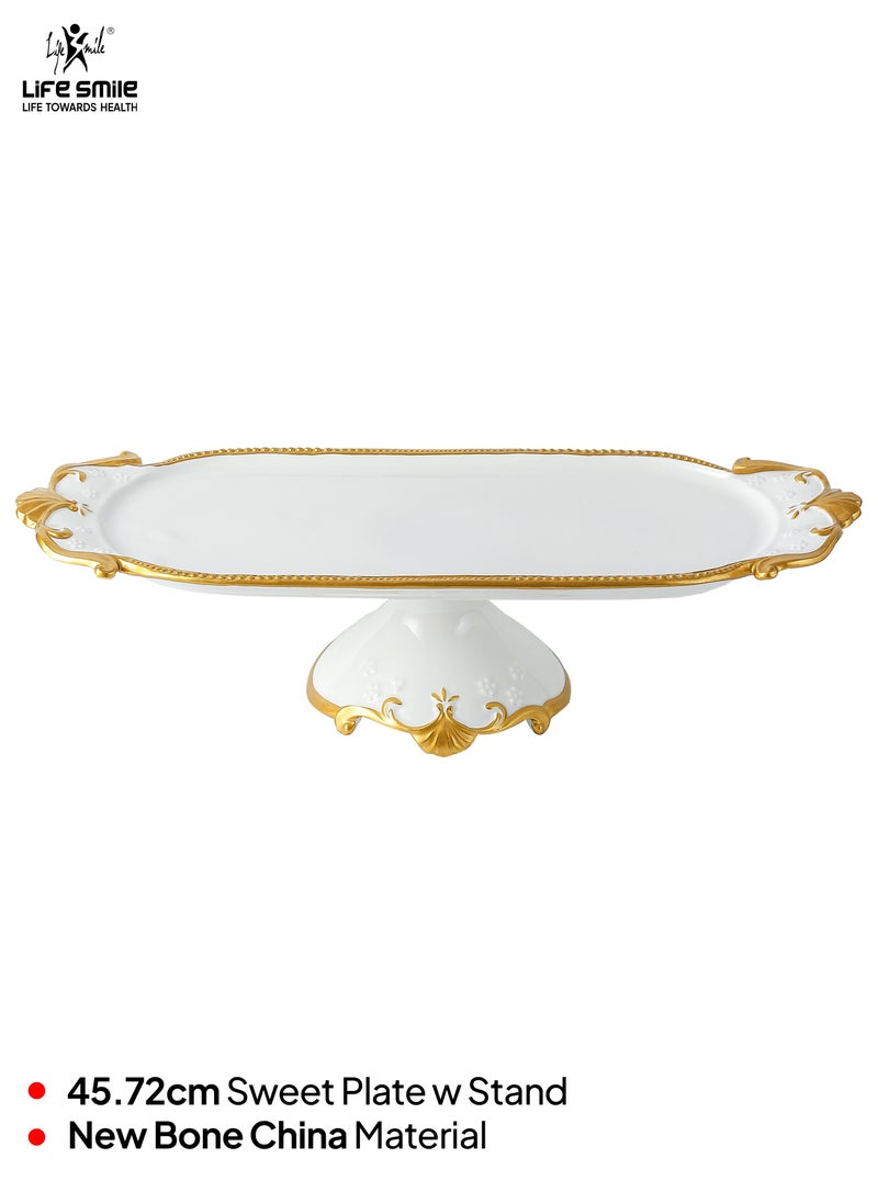 LIFE SMILE White Cake Plate with Floral Gold Stand - Luxury Bone China Pastry & Dessert Server
