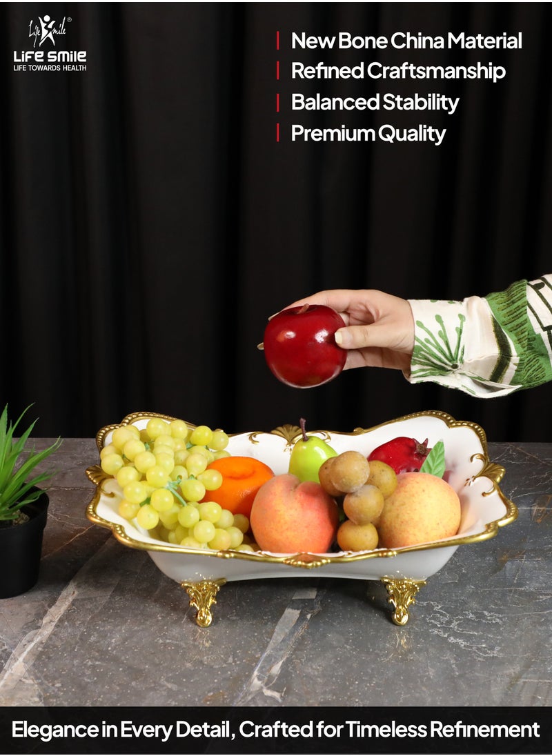 LIFE SMILE Serving Bowl With Gold Stand  - Bone China Fruit Basket For Fruit Vegetable Storage Snack Nuts Cake Dessert