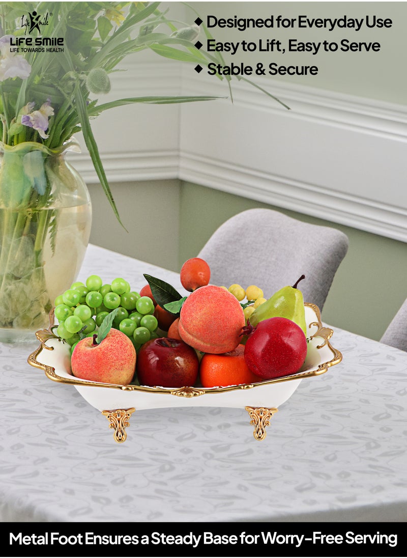 LIFE SMILE Serving Bowl With Gold Stand  - Bone China Fruit Basket For Fruit Vegetable Storage Snack Nuts Cake Dessert