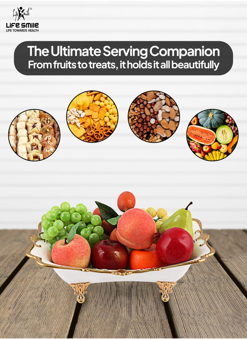 LIFE SMILE Serving Bowl With Gold Stand  - Bone China Fruit Basket For Fruit Vegetable Storage Snack Nuts Cake Dessert