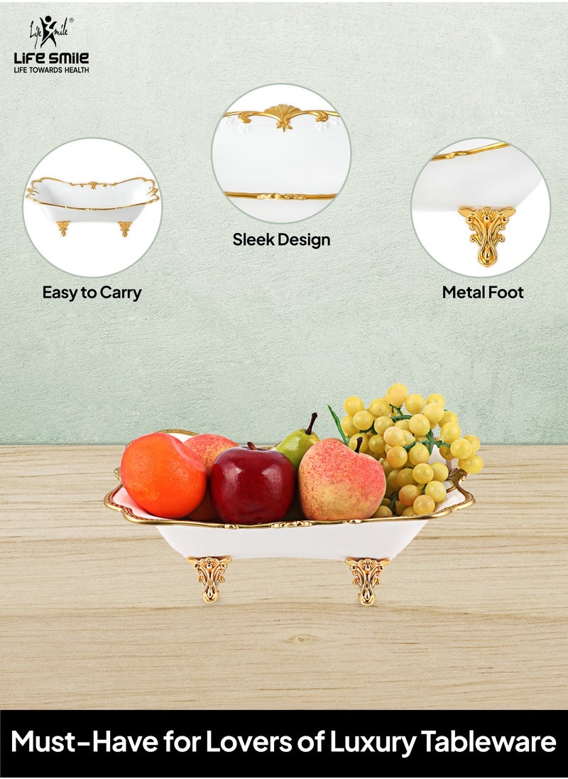 LIFE SMILE Serving Bowl With Gold Stand  - Bone China Fruit Basket For Fruit Vegetable Storage Snack Nuts Cake Dessert