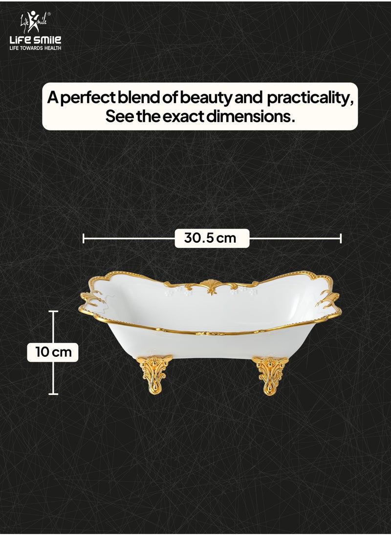 LIFE SMILE Serving Bowl With Gold Stand  - Bone China Fruit Basket For Fruit Vegetable Storage Snack Nuts Cake Dessert