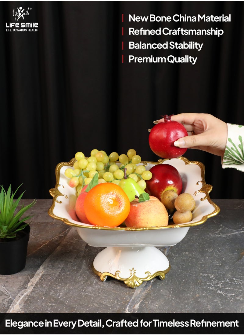 LIFE SMILE Round Bone China Serving Bowl With Gold Stand  - Fruit Basket For Fruit Vegetable Storage Snack Nuts Cake Dessert
