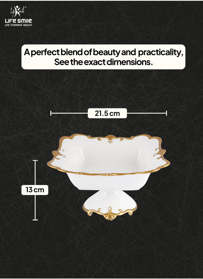 LIFE SMILE Round Bone China Serving Bowl With Gold Stand  - Fruit Basket For Fruit Vegetable Storage Snack Nuts Cake Dessert