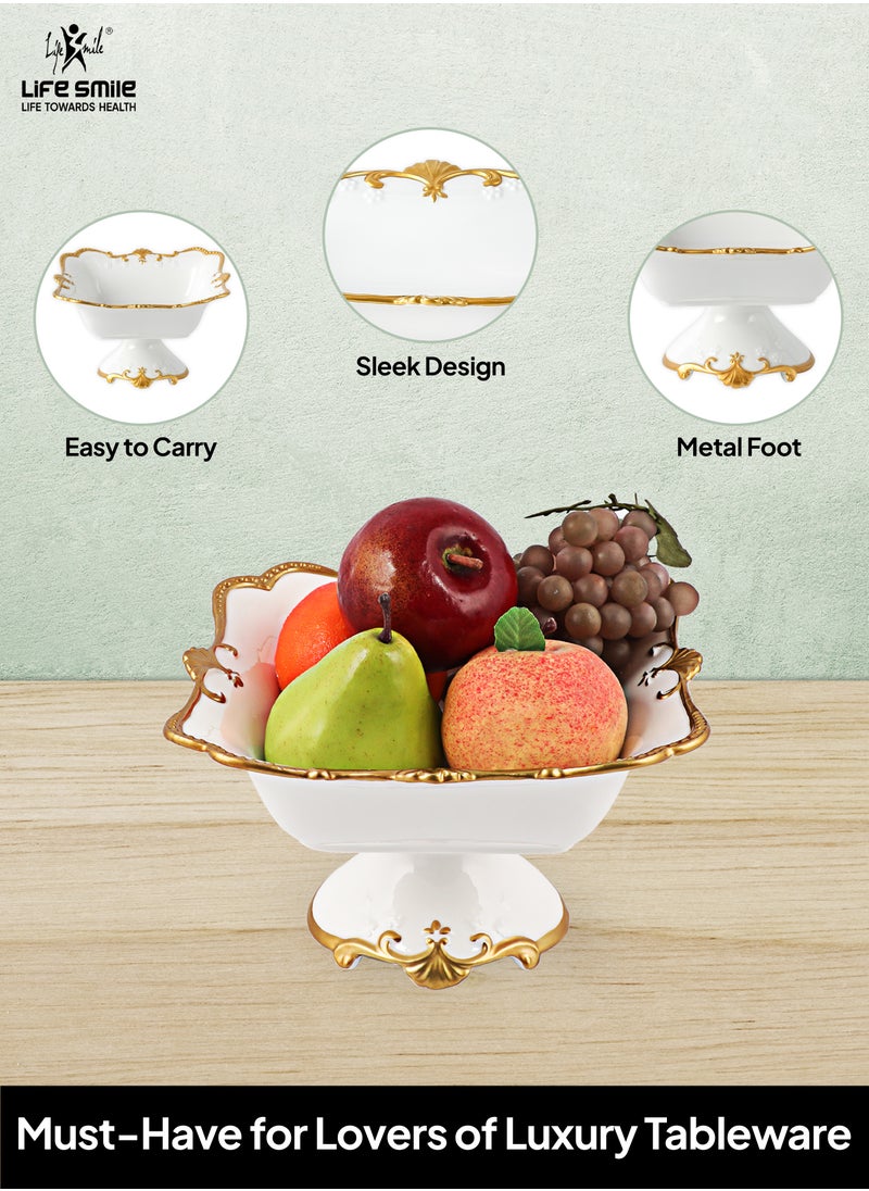 LIFE SMILE Round Bone China Serving Bowl With Gold Stand  - Fruit Basket For Fruit Vegetable Storage Snack Nuts Cake Dessert