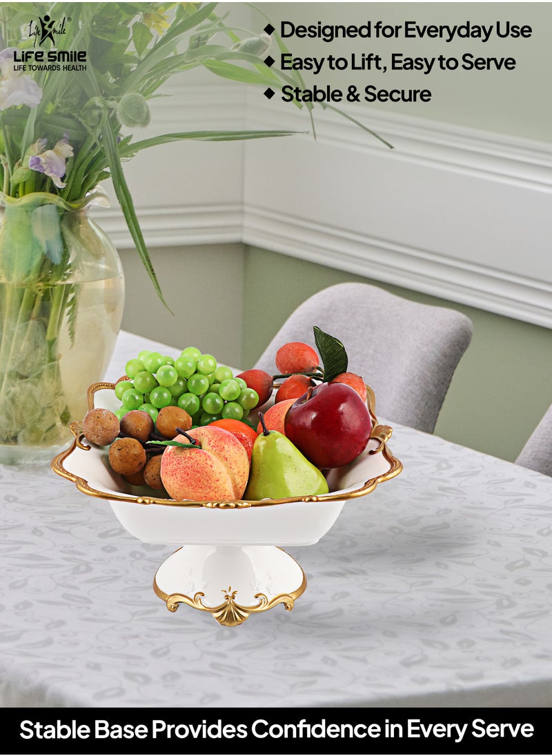 LIFE SMILE Round Bone China Serving Bowl With Gold Stand  - Fruit Basket For Fruit Vegetable Storage Snack Nuts Cake Dessert