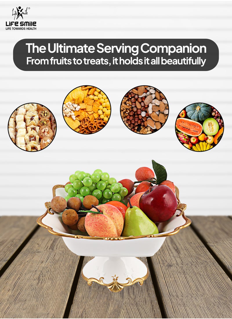 LIFE SMILE Round Bone China Serving Bowl With Gold Stand  - Fruit Basket For Fruit Vegetable Storage Snack Nuts Cake Dessert