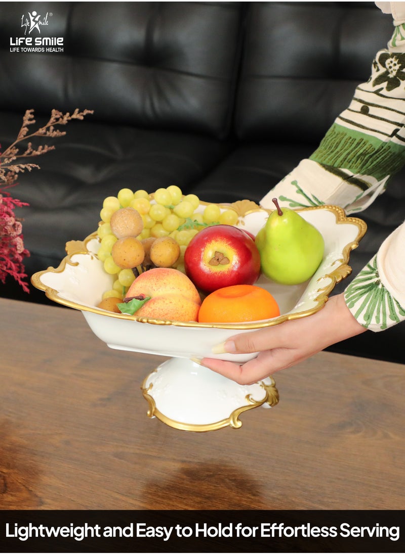 LIFE SMILE Round Bone China Serving Bowl With Gold Stand  - Fruit Basket For Fruit Vegetable Storage Snack Nuts Cake Dessert