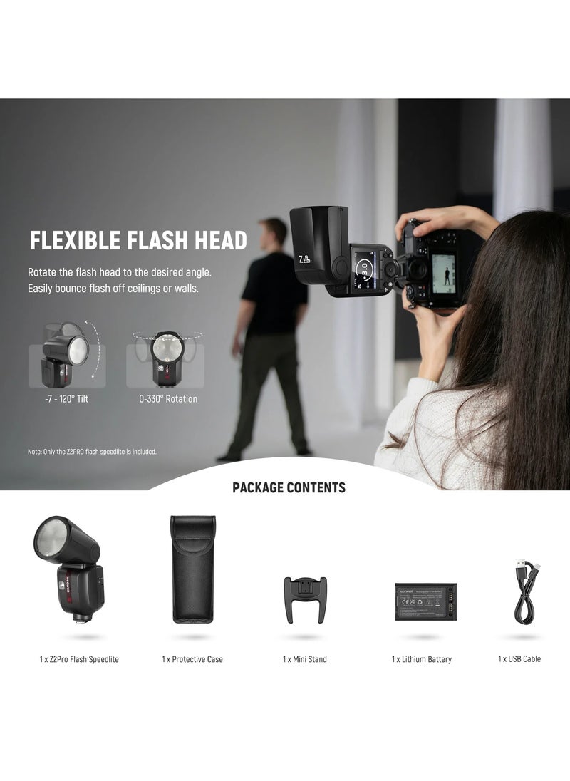 Z2PRO-C TTL Speedlite for Nikon Hot Shoe DSLR Cameras, 76Ws HSS Flash with 2.4G Wireless, 330° Rotation, 3000mAh Battery, Fast Recycle, Enhanced Lighting, Compatible with Nikon DSLR
