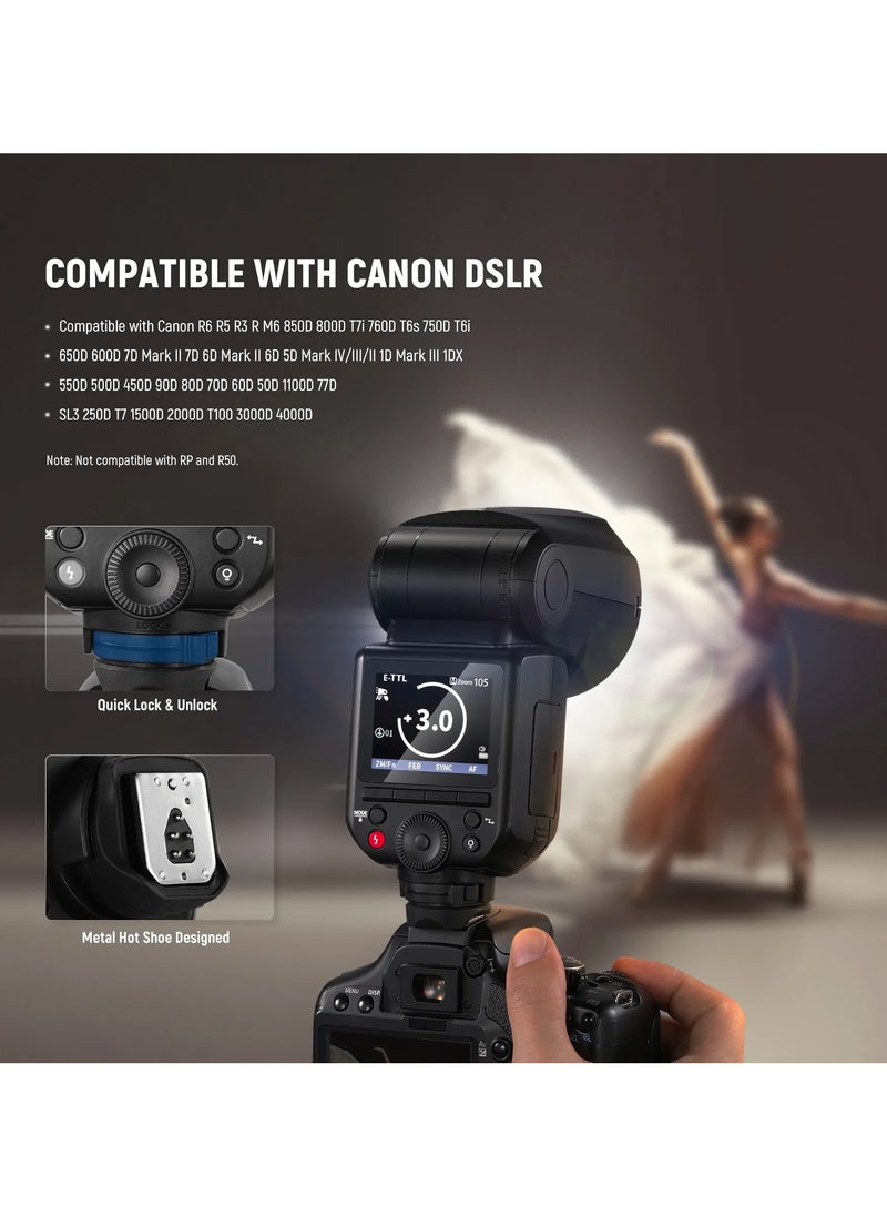 TTL High-Speed Hot Shoe Camera Flash for Canon – 76Ws On-Camera Speedlite with 2.4G Wireless, 1/8000s HSS, 330° Rotation, LED Modeling Light & Rechargeable Lithium Battery