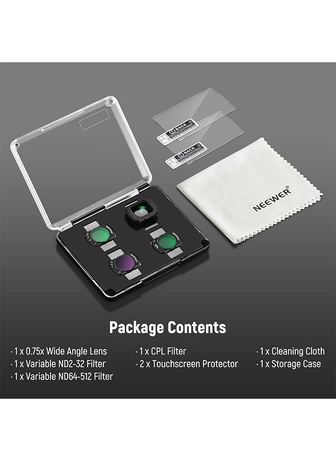 NEEWER Variable ND Filter Set Compatible with DJI Osmo Pocket 3 Creator Combo Accessories with 180° 0.75X Wide Angle Lens & Screen Protectors, Variable ND2-32 + ND64-512 + CPL Filter, FL-B15