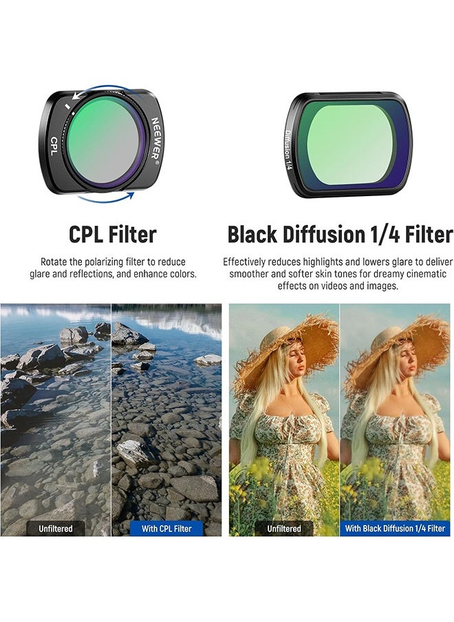 NEEWER Filter Set (3 Pack) with 0.75X Wide Angle Lens 108° FOV, Variable ND 2-32 CPL 1/4 Black Mist Diffusion Filter Compatible with DJI Osmo Pocket 3 Creator Combo Accessories, FL-B09