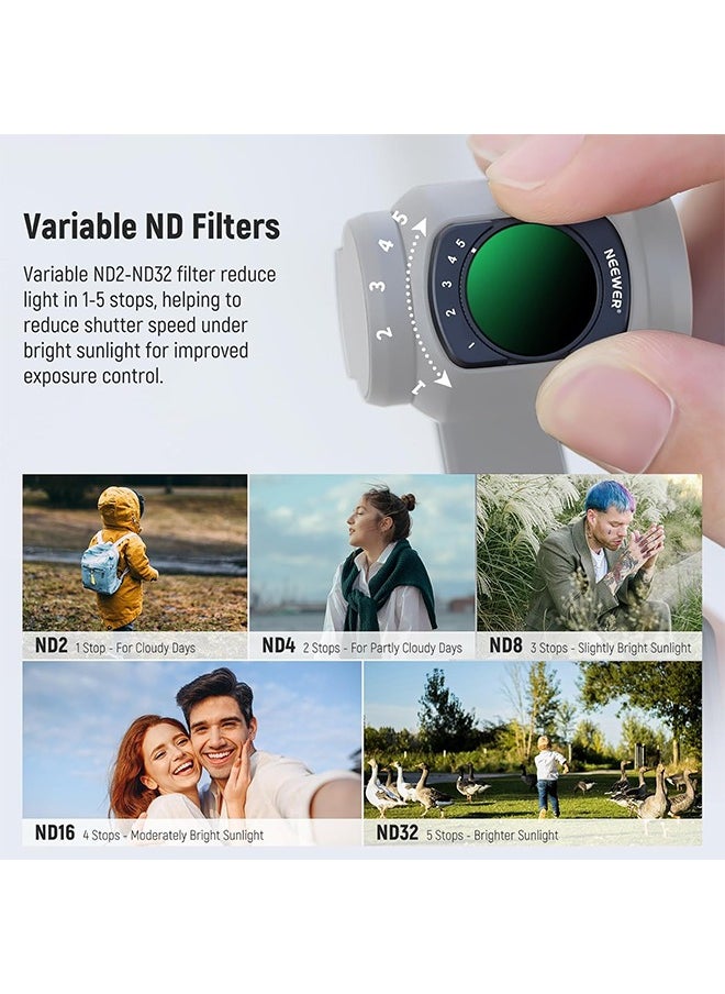 NEEWER Filter Set (3 Pack) with 0.75X Wide Angle Lens 108° FOV, Variable ND 2-32 CPL 1/4 Black Mist Diffusion Filter Compatible with DJI Osmo Pocket 3 Creator Combo Accessories, FL-B09