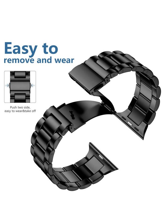Compatible with Apple Watch Band 42mm 44mm 45mm 49mm 41mm 40mm 38mm, Stainless Steel Metal Band for Apple with 2 Pack Screen Protective Case for Series 9 8 7 6 5 4 3-1 SE for iWatch Men Black
