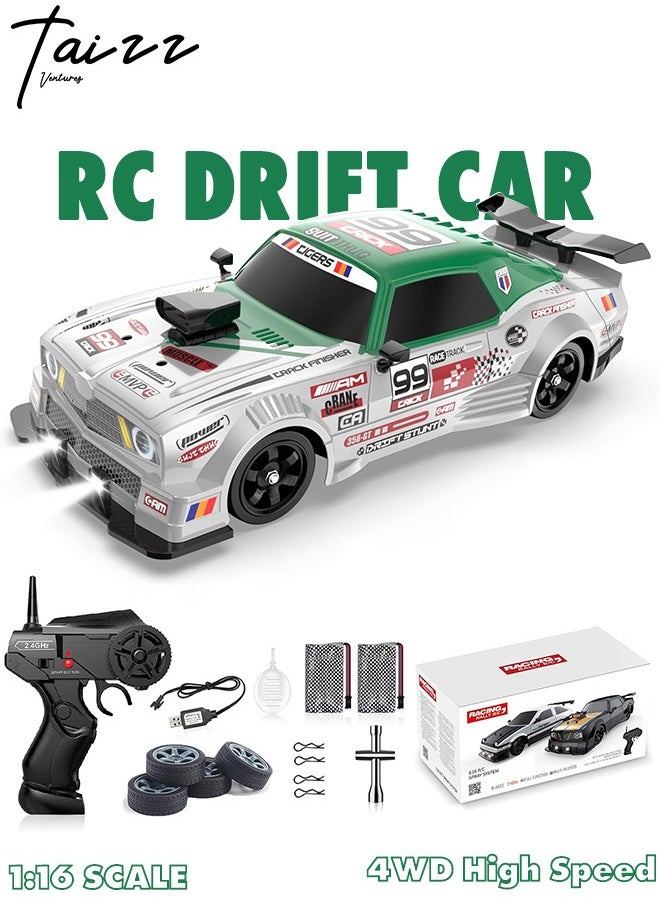 1:16 Scale Remote Control Car RC Drift Car 4WD 18KM/H High Speed Model Vehicle 2.4GHz with LED Lights Spray Rubber Tire Racing Sport Toy Car for Adults Boys Girls Kids Gift 2Pcs Rechargeable Batteries - Green