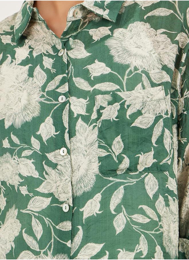 Floral Print Spread Collar Oversized Shirt