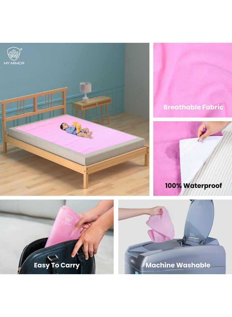 MY ARMOR Baby Dry Sheet for New Born Baby, Anti-Piling Waterproof Mattress Protector for Bed (Quick Drying/Extra Absorbent Dry Sheet for Bed) X-Large 140x200 cm, Pack of 1, Baby Pink