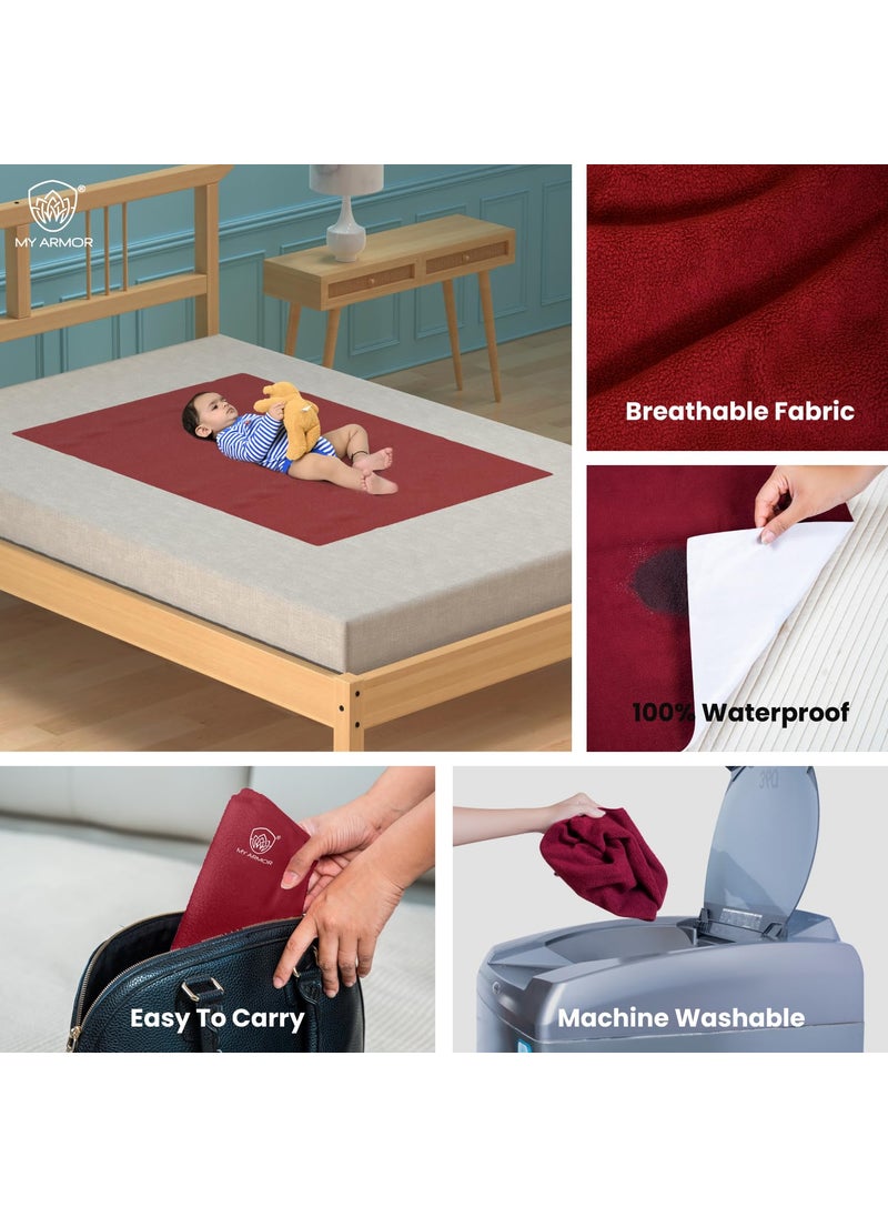 MY ARMOR Baby Dry Sheet for New Born Baby, Anti-Piling Waterproof Mattress Protector for Bed (Quick Drying/Extra Absorbent Dry Sheet for Bed) - Pack of 2 (Large (100cm x 140cm) (Pink & Maroon)