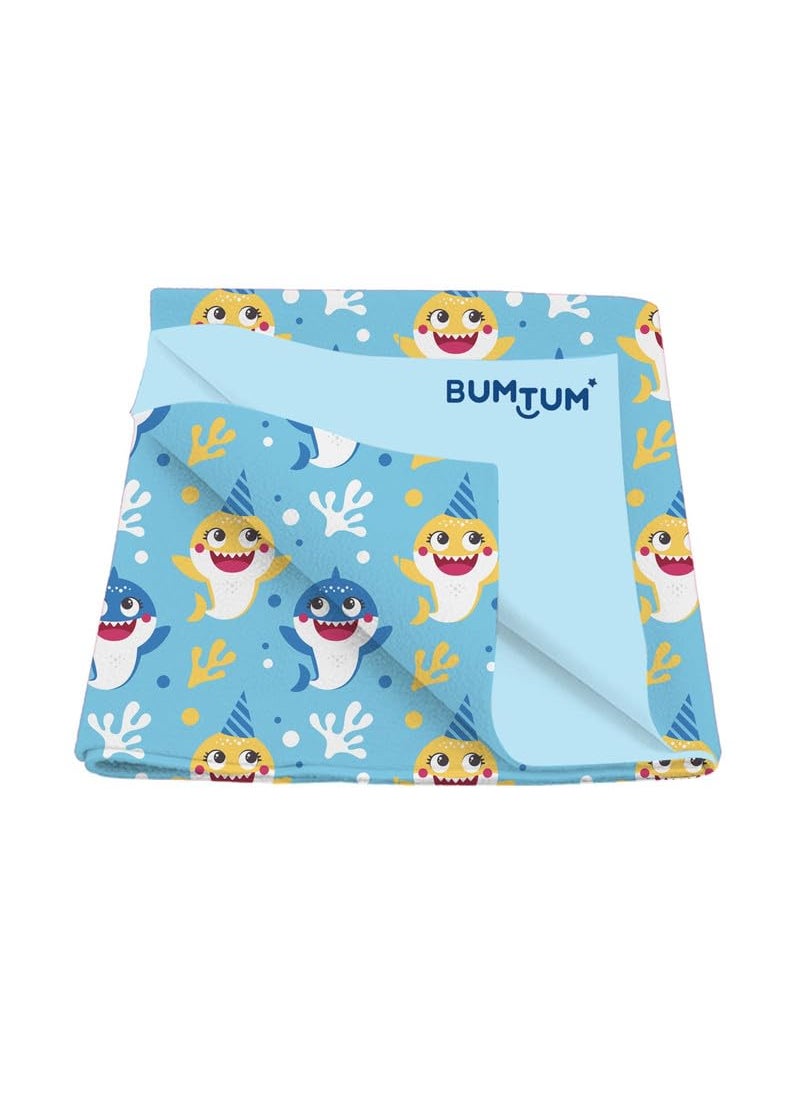 Bumtum Baby Dry Sheet Cotton Waterproof Soft Fleece Baby Bed Protector | Anti-Bacterial & Odour Free | Extra Absorbant, Reuseable & Washable (Baby Shark, Medium Size, 100 * 70Cm, Pack of 1)